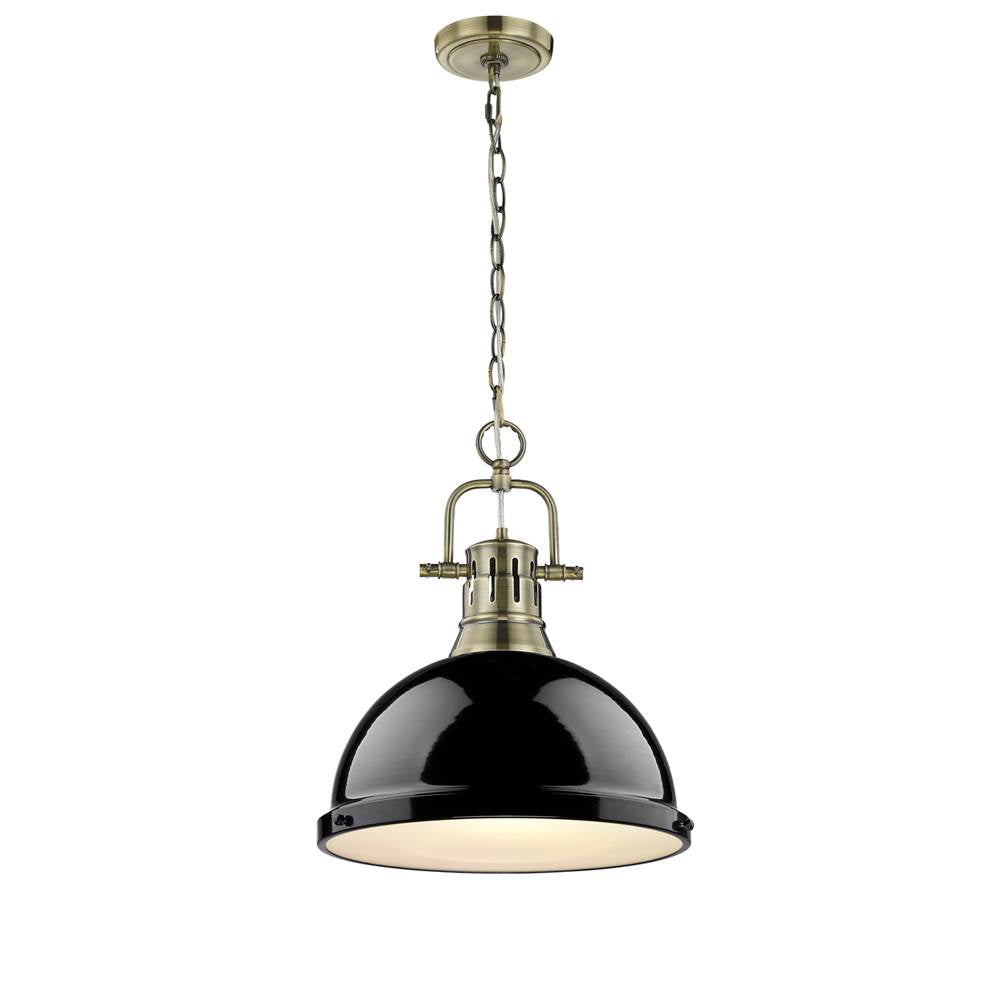 Golden Lighting 3602-L AB-BK Aged Brass Yep By Golden Lighting Duncan 1-light 14in Chain Hung Pendant In Aged Brass And Black Shade Image 1