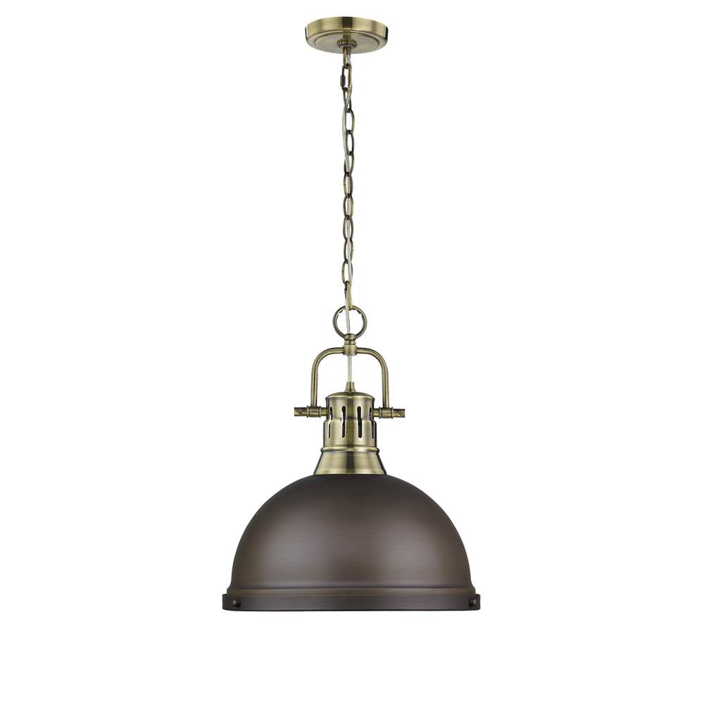 Golden Lighting Duncan Yep By Golden Lighting Duncan 1-light 14in Chain Hung Pendant In Aged Brass And Rubbed Bronze Shade