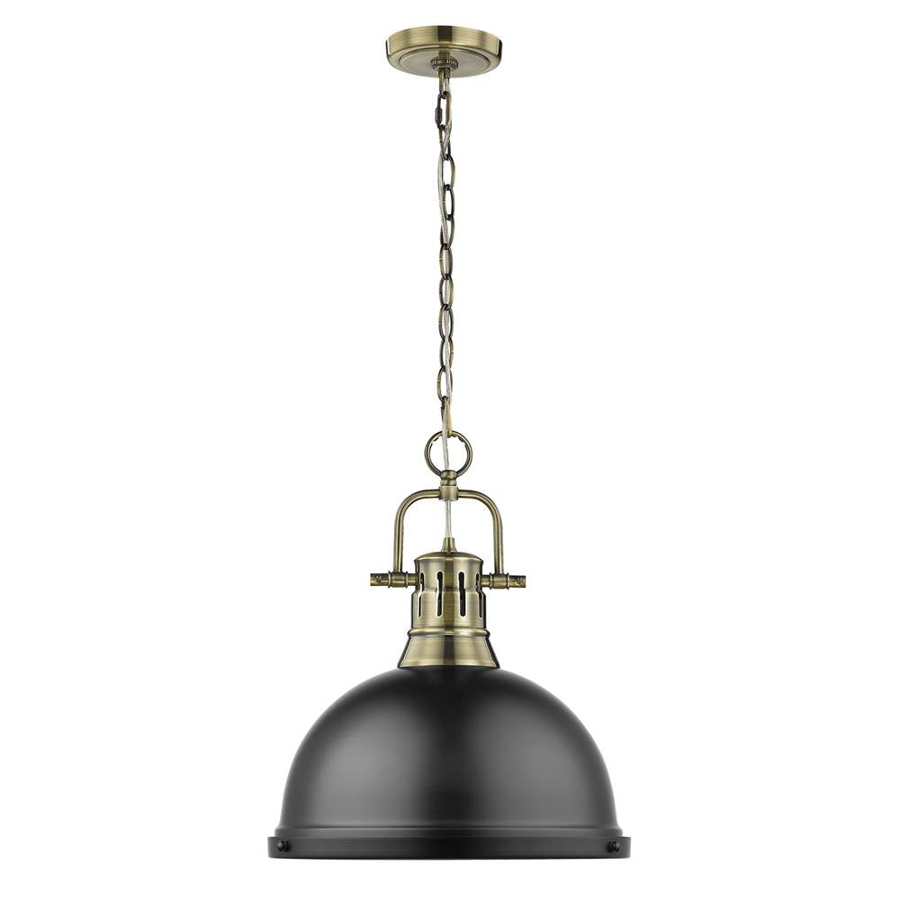Golden Lighting Duncan Yep By Golden Lighting Duncan 1-light 14in Chain Hung Pendant In Aged Brass And Matte Black Shade