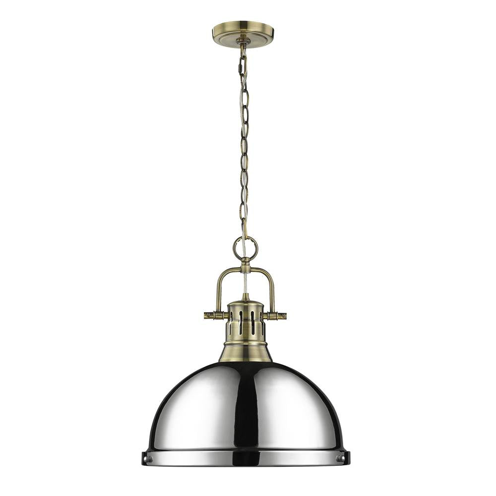 Golden Lighting Duncan Yep By Golden Lighting Duncan 1-light 14in Chain Hung Pendant In Aged Brass And Chrome Shade