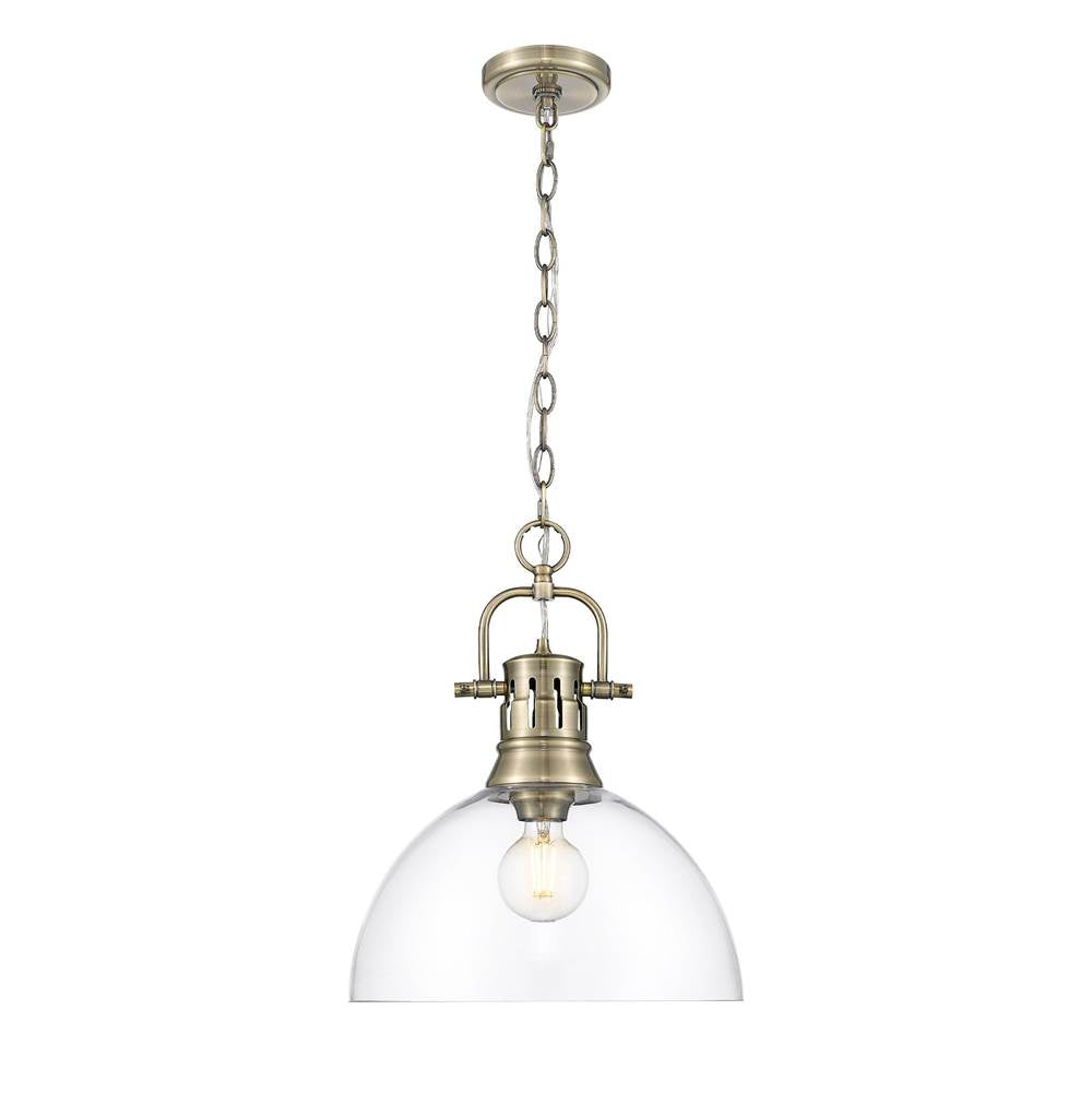 Golden Lighting 3602-L AB-CLR Aged Brass Yep By Golden Lighting Duncan 1-light 14in Chain Hung Pendant In Aged Brass And Clear Glass Image 1