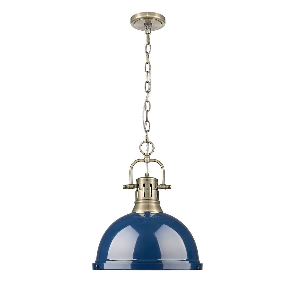 Golden Lighting 3602-L AB-NVY Aged Brass Yep By Golden Lighting Duncan 1-light 14in Chain Hung Pendant In Aged Brass And Navy Blue Shade Image 1