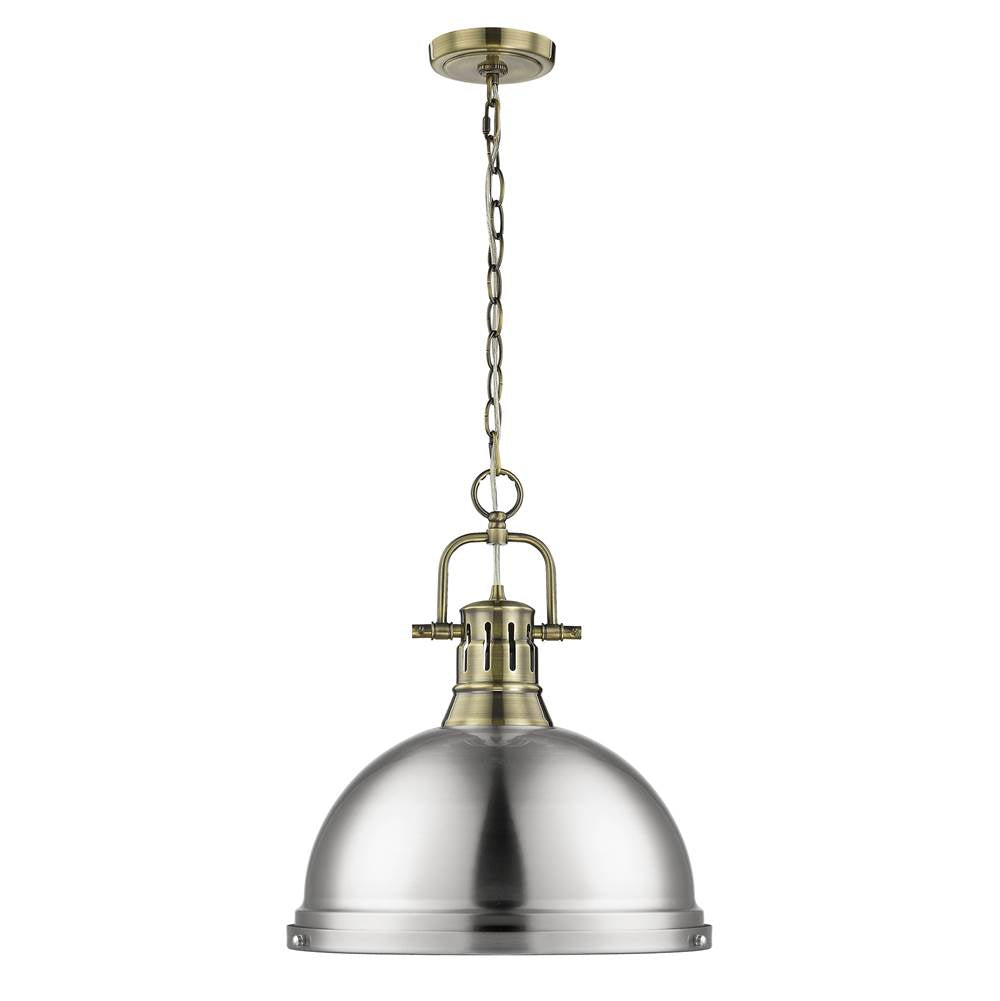 Golden Lighting Duncan Yep By Golden Lighting Duncan 1-light 14in Chain Hung Pendant In Aged Brass And Pewter Shade