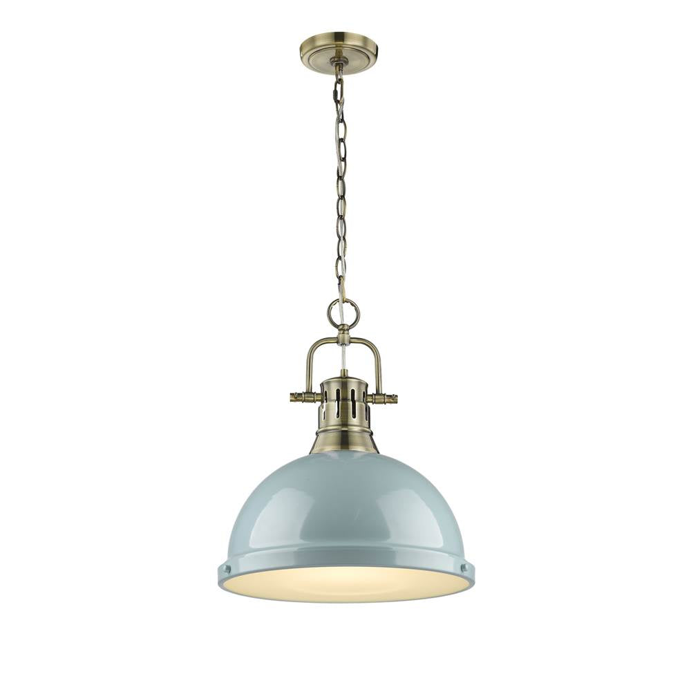 Golden Lighting 3602-L AB-SF Aged Brass Yep By Golden Lighting Duncan 1-light 14in Chain Hung Pendant In Aged Brass And Seafoam Shade Image 1