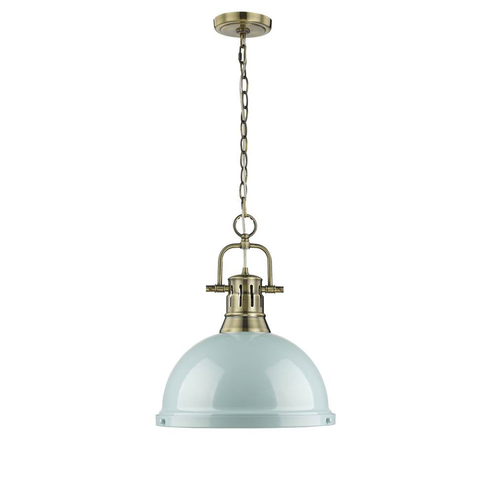 Golden Lighting Duncan Yep By Golden Lighting Duncan 1-light 14in Chain Hung Pendant In Aged Brass And Seafoam Shade