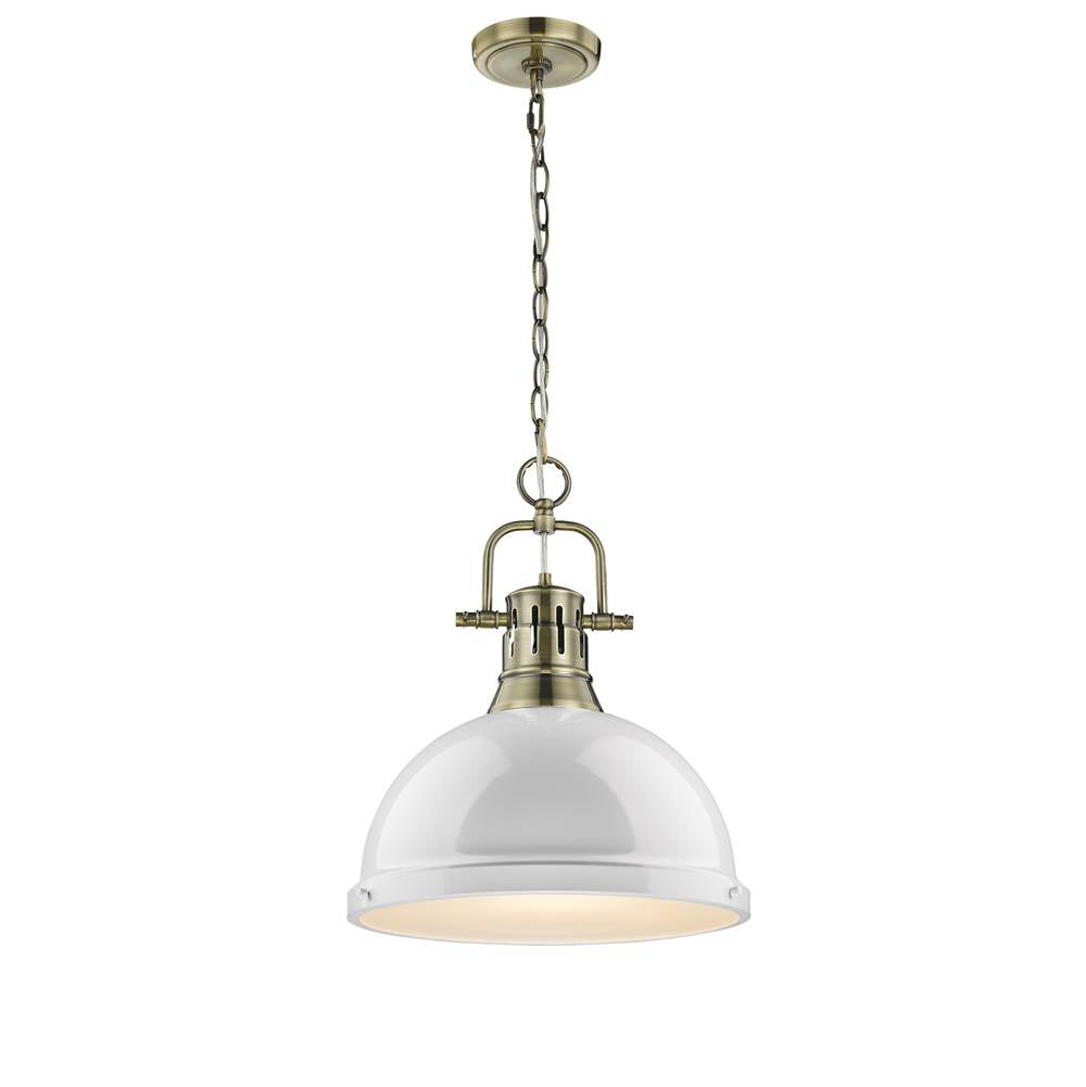 Golden Lighting 3602-L AB-WH Aged Brass Yep By Golden Lighting Duncan 1-light 14in Chain Hung Pendant In Aged Brass And White Shade Image 1
