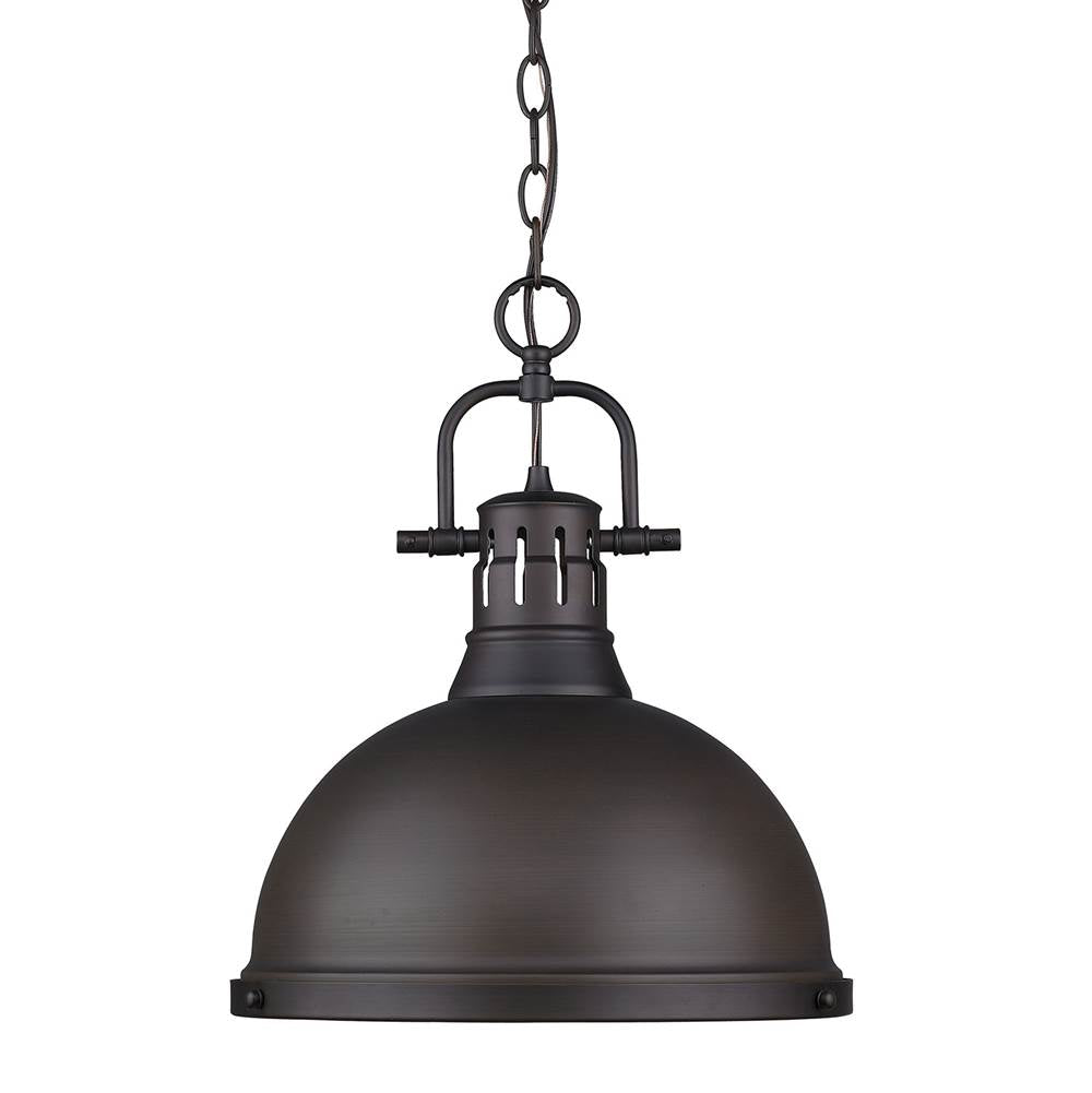 Golden Lighting Duncan Yep By Golden Lighting Duncan 1-light 14in Chain Hung Pendant In Aged Brass And Rubbed Bronze Shade