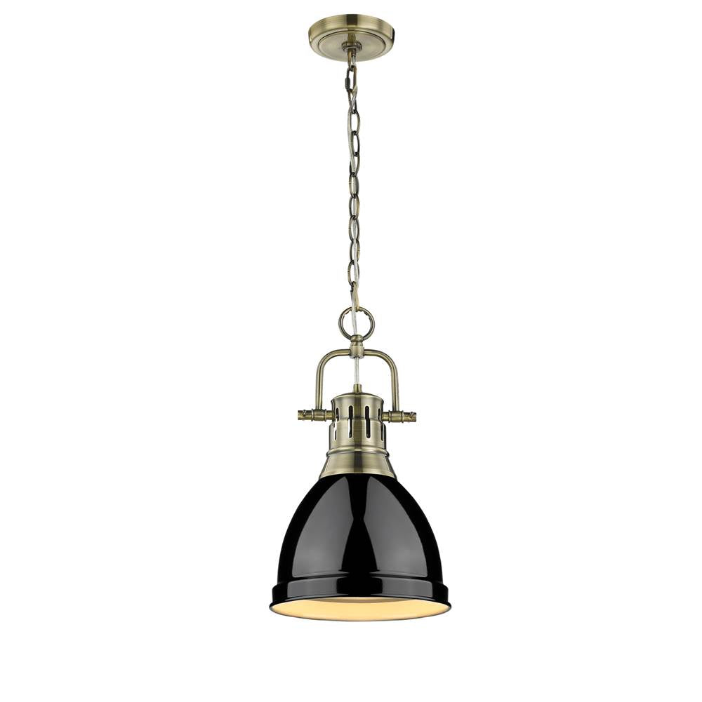 Golden Lighting 3602-S AB-BK Aged Brass Yep By Golden Lighting Duncan 1-light 9in Chain Hung Pendant In Aged Brass And Black Shade Image 1