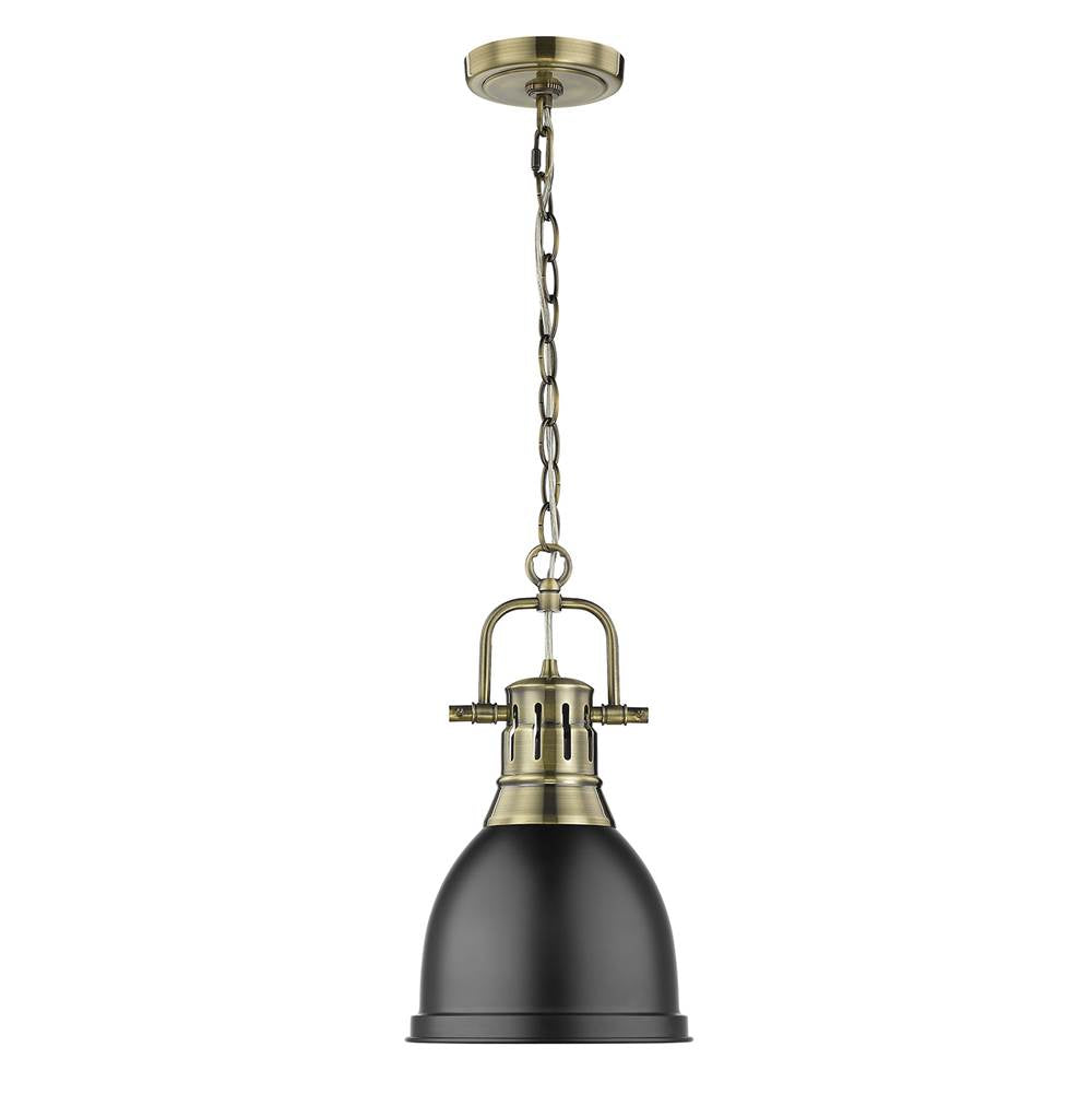 Golden Lighting Duncan Yep By Golden Lighting Duncan 1-light 9in Chain Hung Pendant In Aged Brass And Matte Black Shade