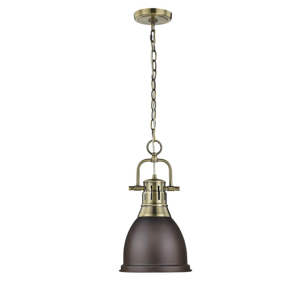 Golden Lighting Duncan Yep By Golden Lighting Duncan 1-light 9in Chain Hung Pendant In Aged Brass And Rubbed Bronze Shade