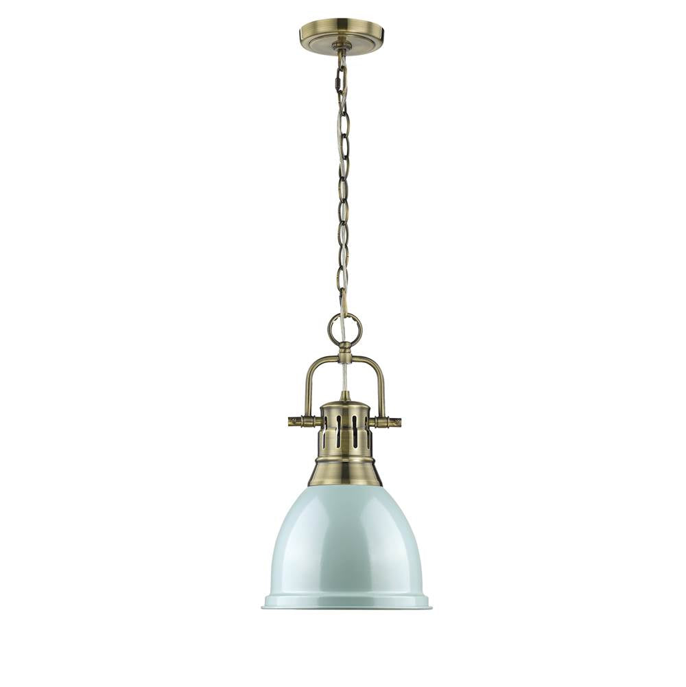 Golden Lighting Duncan Yep By Golden Lighting Duncan 1-light 9in Chain Hung Pendant In Aged Brass And Seafoam Shade