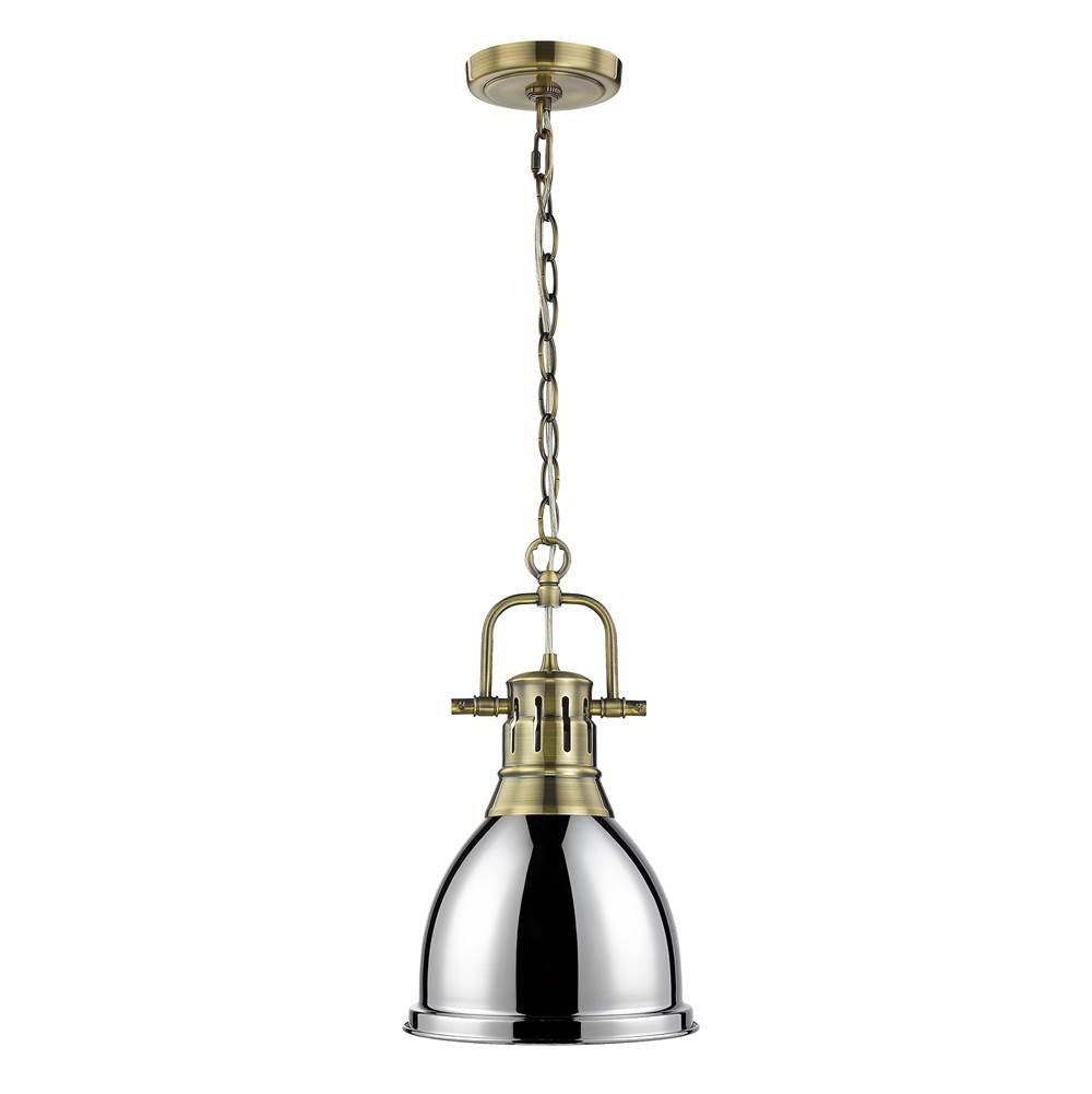 Golden Lighting Duncan Yep By Golden Lighting Duncan 1-light 9in Chain Hung Pendant In Aged Brass And Chrome Shade