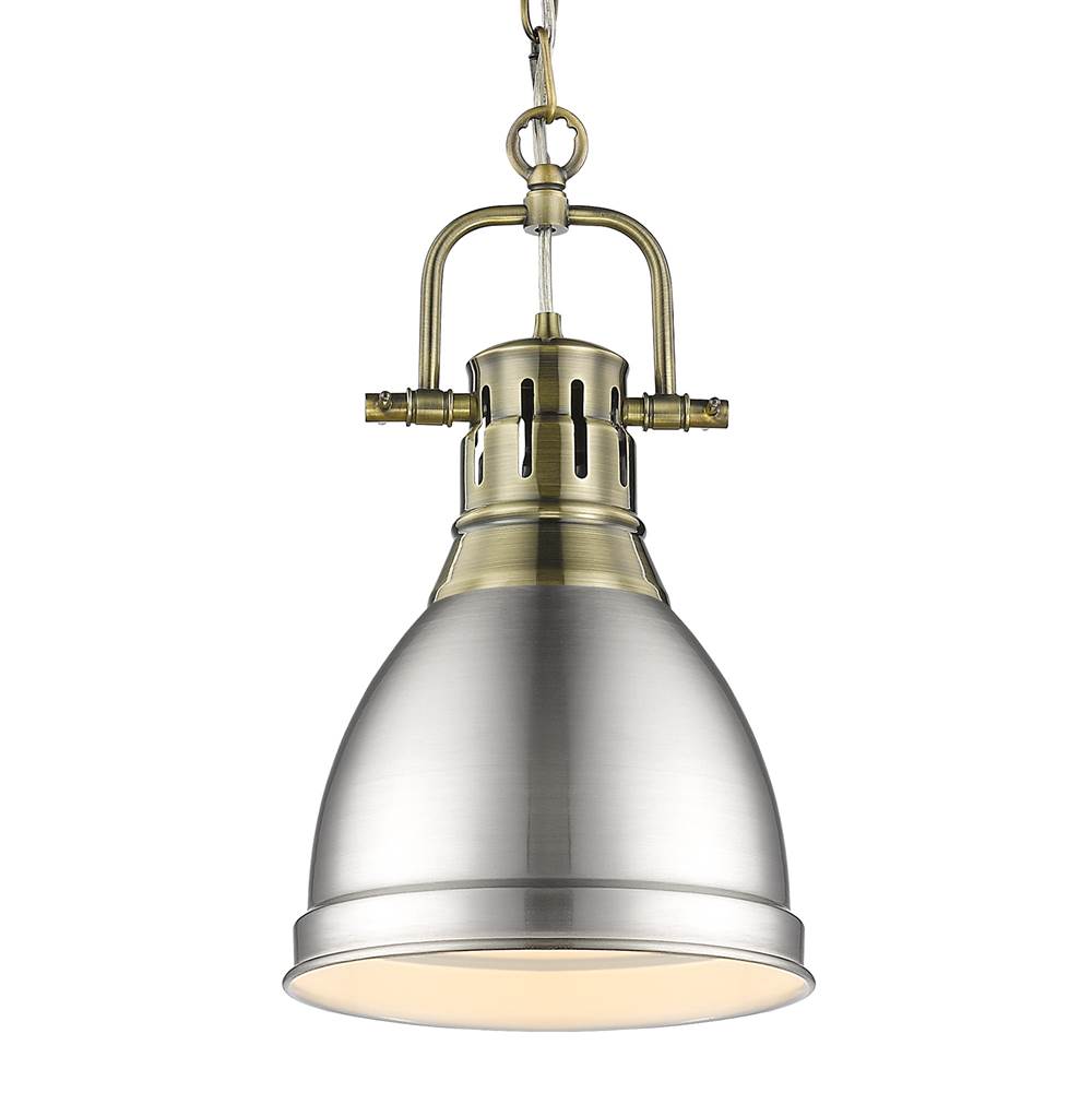 Golden Lighting 3602-S AB-PW Aged Brass Yep By Golden Lighting Duncan 1-light 9in Chain Hung Pendant In Aged Brass And Pewter Shade Image 1