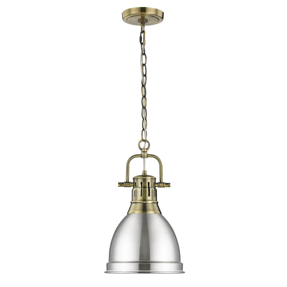 Golden Lighting Duncan Yep By Golden Lighting Duncan 1-light 9in Chain Hung Pendant In Aged Brass And Pewter Shade