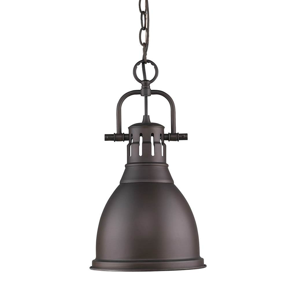 Golden Lighting Duncan Yep By Golden Lighting Duncan 1-light 9in Chain Hung Pendant In Aged Brass And Rubbed Bronze Shade