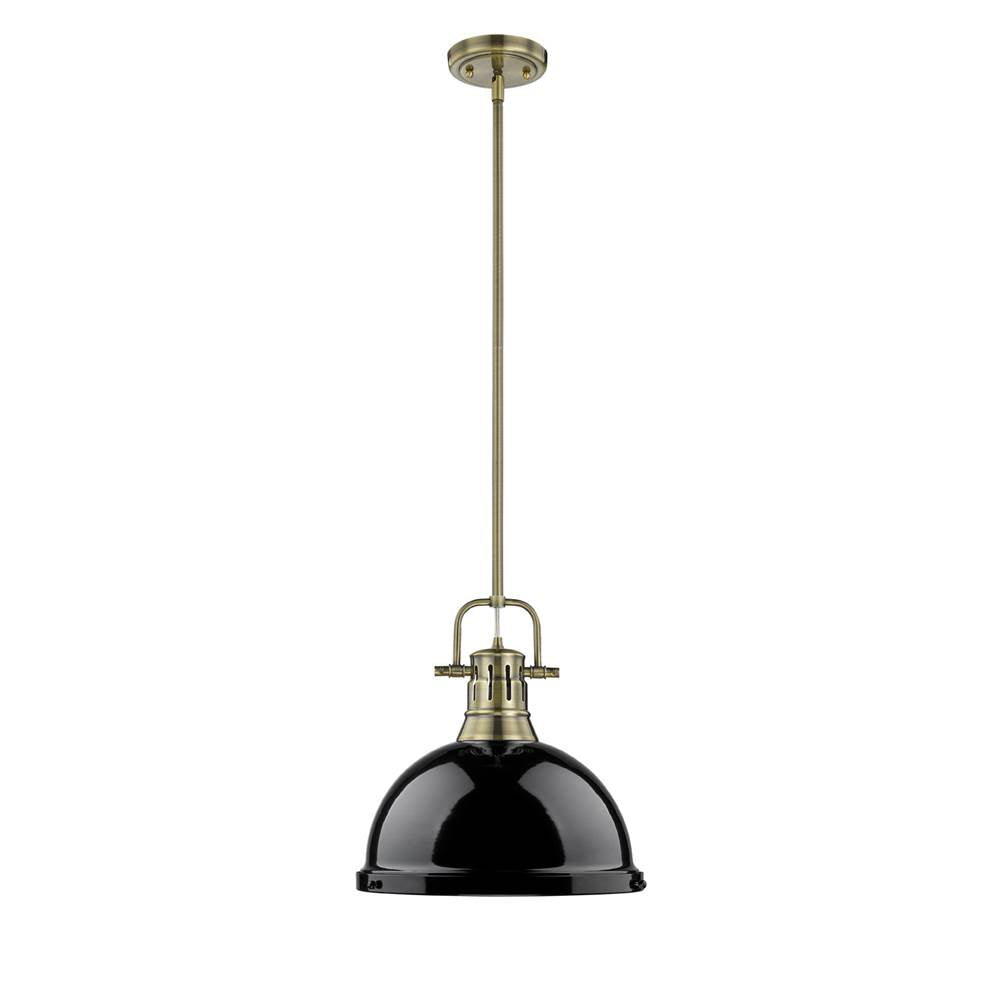 Golden Lighting 3604-L AB-BK Aged Brass Yep By Golden Lighting Duncan 1-light 14in Rod Hung Pendant In Aged Brass And Black Shade Image 1