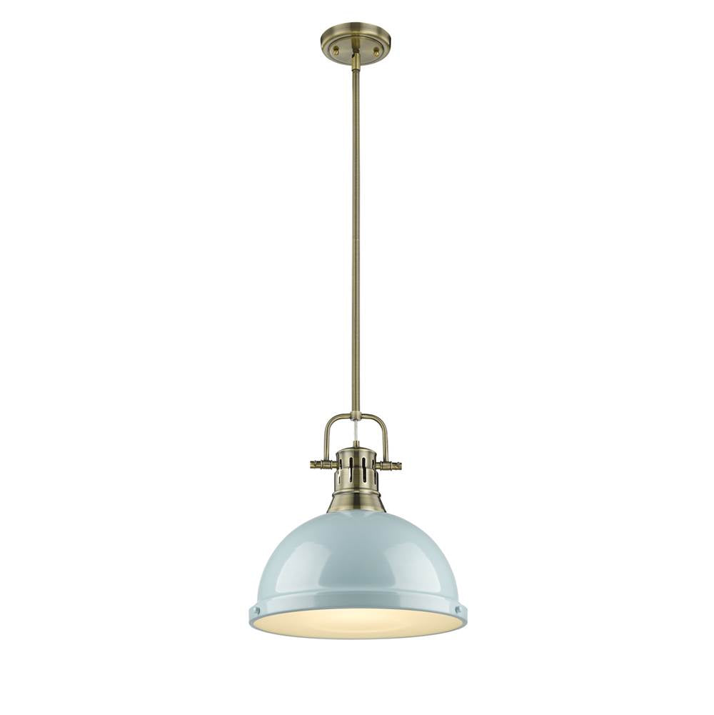 Golden Lighting Duncan Yep By Golden Lighting Duncan 1-light 14in Rod Hung Pendant In Aged Brass And Seafoam Shade