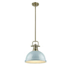 Golden Lighting Duncan Yep By Golden Lighting Duncan 1-light 14in Rod Hung Pendant In Aged Brass And Seafoam Shade