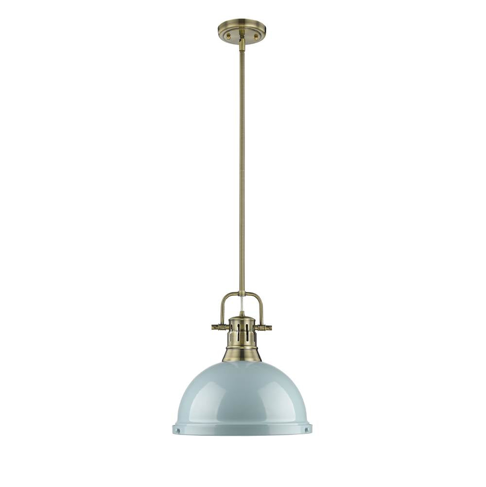 Golden Lighting 3604-L AB-SF Aged Brass Yep By Golden Lighting Duncan 1-light 14in Rod Hung Pendant In Aged Brass And Seafoam Shade Image 1