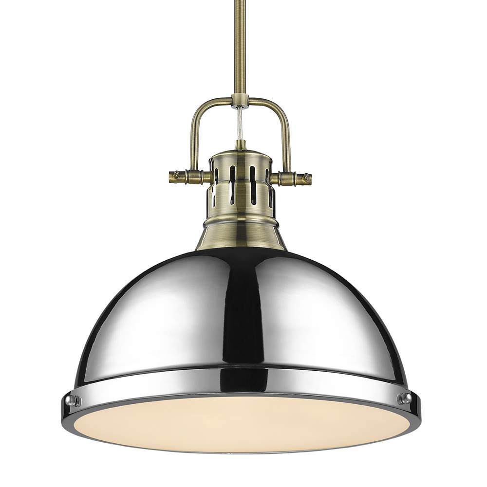 Golden Lighting 3604-L AB-CH Aged Brass Yep By Golden Lighting Duncan 1-light 14in Rod Hung Pendant In Aged Brass And Chrome Shade Image 1