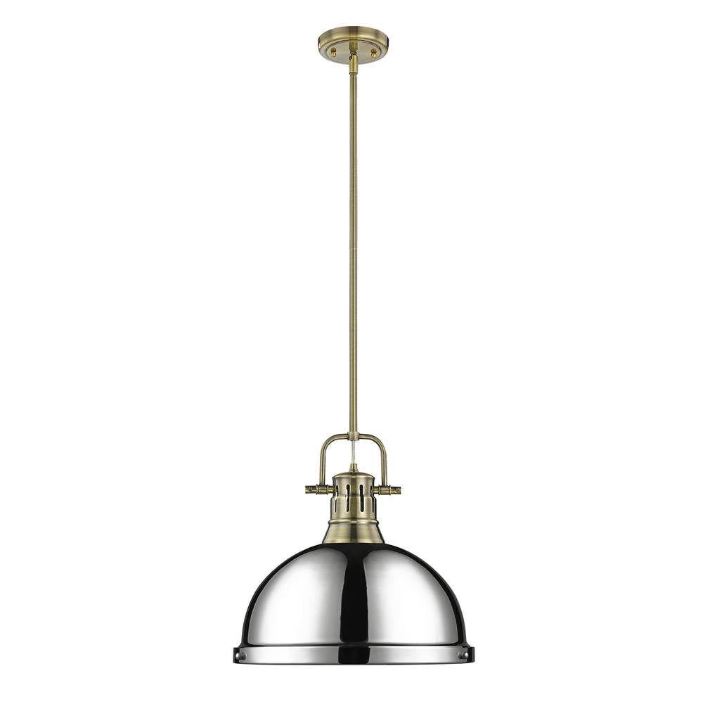 Golden Lighting Duncan Yep By Golden Lighting Duncan 1-light 14in Rod Hung Pendant In Aged Brass And Chrome Shade