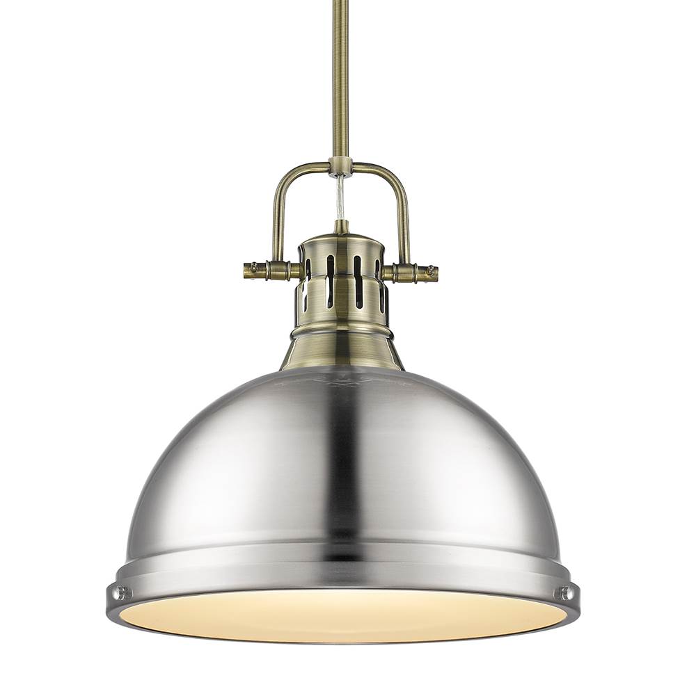Golden Lighting 3604-L AB-PW Aged Brass Yep By Golden Lighting Duncan 1-light 14in Rod Hung Pendant In Aged Brass And Pewter Shade Image 1