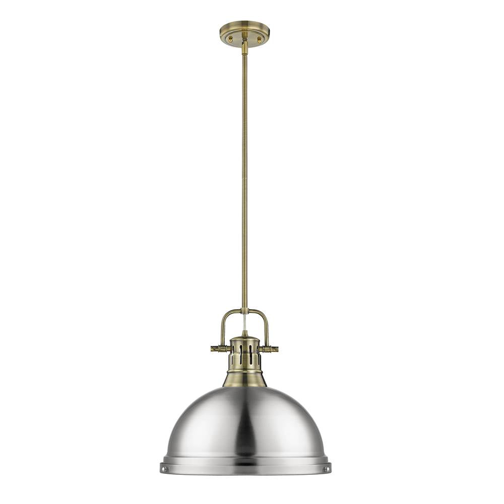 Golden Lighting Duncan Yep By Golden Lighting Duncan 1-light 14in Rod Hung Pendant In Aged Brass And Pewter Shade