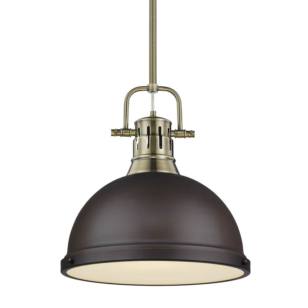 Golden Lighting 3604-L AB-RBZ Aged Brass Yep By Golden Lighting Duncan 1-light 14in Rod Hung Pendant In Aged Brass And Rubbed Bronze Shade Image 1