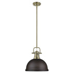 Golden Lighting Duncan Yep By Golden Lighting Duncan 1-light 14in Rod Hung Pendant In Aged Brass And Rubbed Bronze Shade