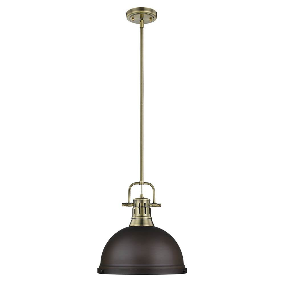 Golden Lighting Duncan Yep By Golden Lighting Duncan 1-light 14in Rod Hung Pendant In Aged Brass And Rubbed Bronze Shade