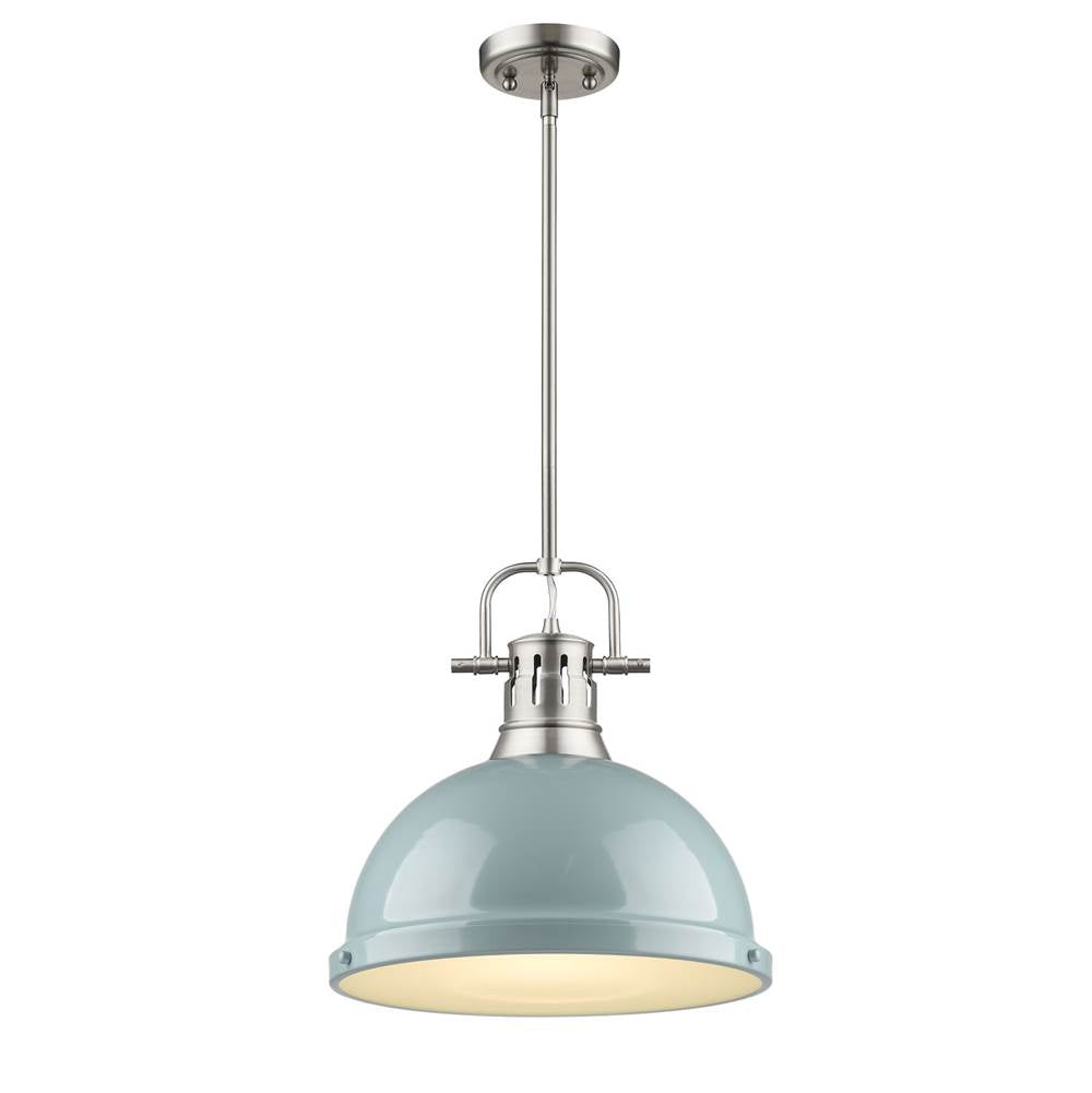 Golden Lighting Duncan Yep By Golden Lighting Duncan 1-light 14in Rod Hung Pendant In Aged Brass And Seafoam Shade