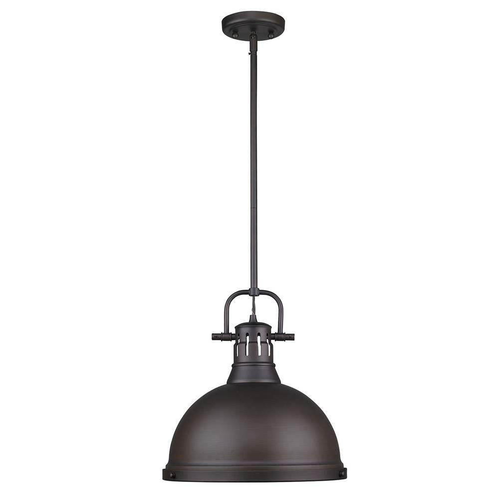 Golden Lighting Duncan Yep By Golden Lighting Duncan 1-light 14in Rod Hung Pendant In Aged Brass And Rubbed Bronze Shade
