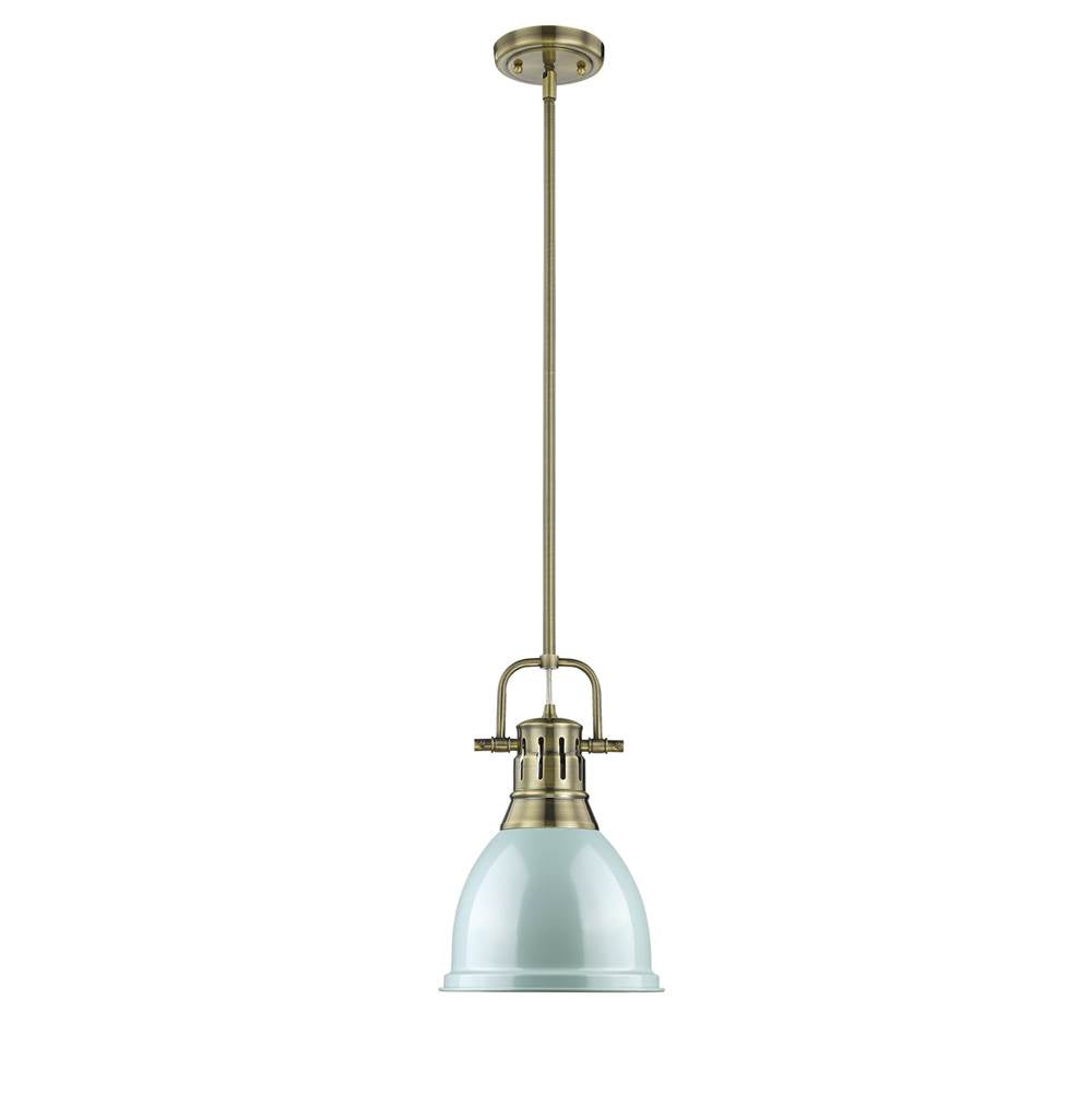 Golden Lighting Duncan Yep By Golden Lighting Duncan 1-light 9in Rod Hung Pendant In Aged Brass And Seafoam Shade