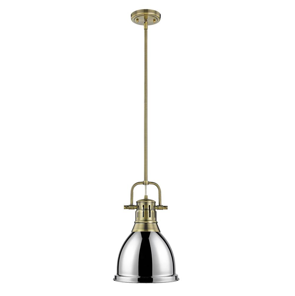 Golden Lighting Duncan Yep By Golden Lighting Duncan 1-light 9in Rod Hung Pendant In Aged Brass And Chrome Shade