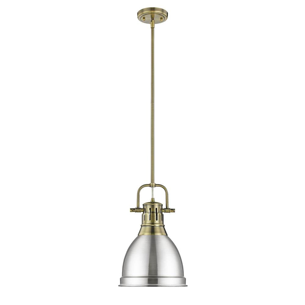 Golden Lighting Duncan Yep By Golden Lighting Duncan 1-light 9in Rod Hung Pendant In Aged Brass And Pewter Shade