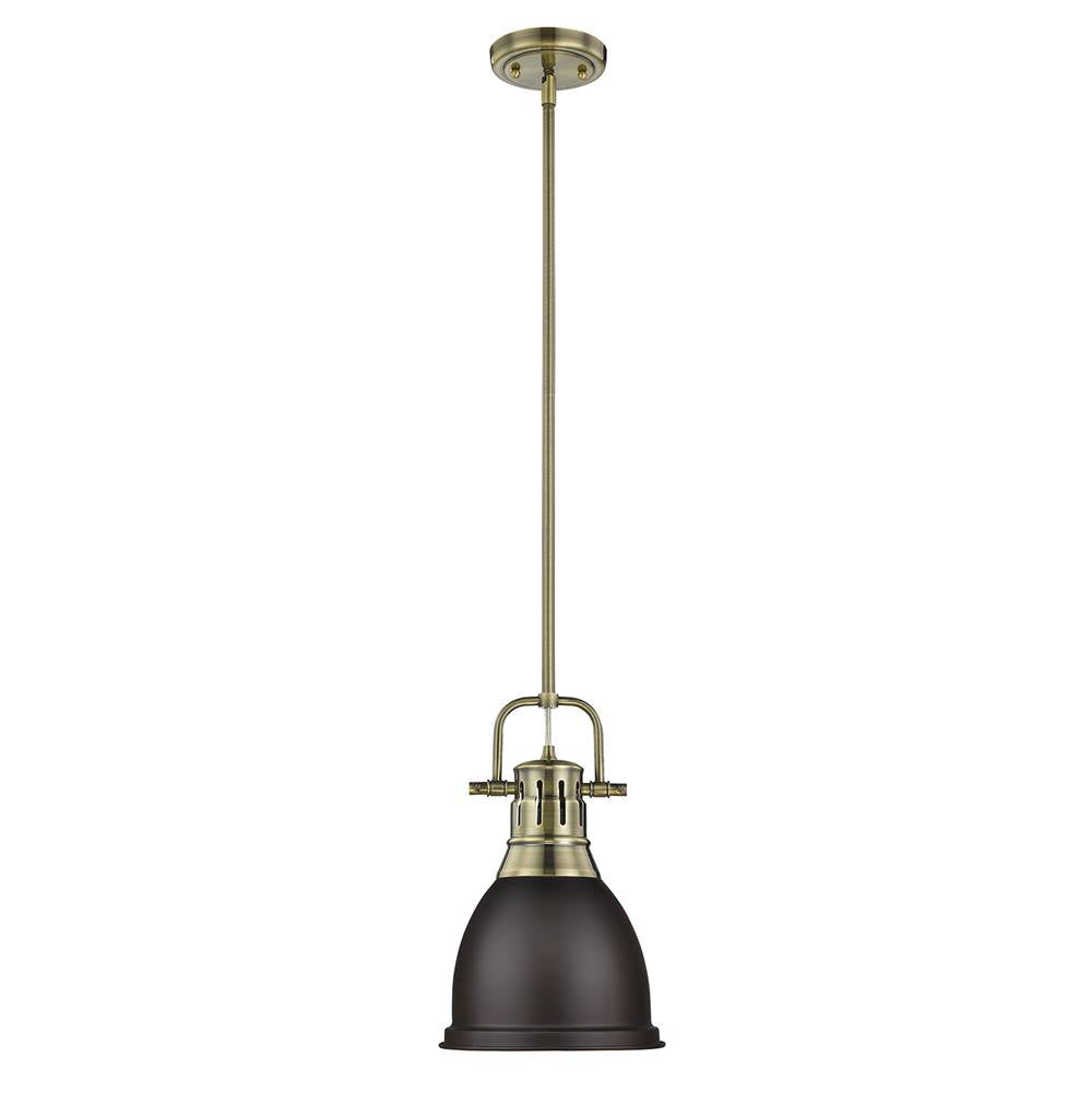 Golden Lighting Duncan Yep By Golden Lighting Duncan 1-light 9in Rod Hung Pendant In Aged Brass And Rubbed Bronze Shade