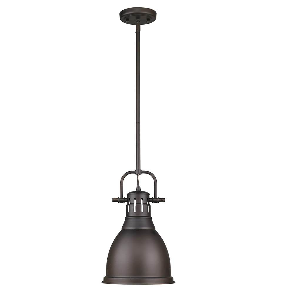 Golden Lighting Duncan Yep By Golden Lighting Duncan 1-light 9in Rod Hung Pendant In Aged Brass And Rubbed Bronze Shade