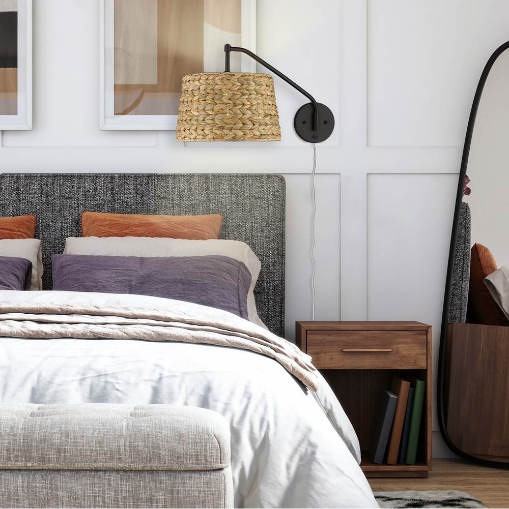 Golden Lighting 3694-A1W BLK-WSG Matte Black Wry Lighting Ryleigh 1-light Swing Arm Wall Lamp In Matte Black And Woven Sweet Grass Shade Image 3