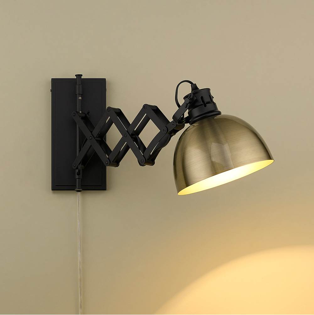 Golden Lighting 3824-A1W BLK-AB Matte Black Wry Lighting Hawthorn 1-light Swing Arm Wall Lamp In Matte Black And Aged Brass Shade Image 2