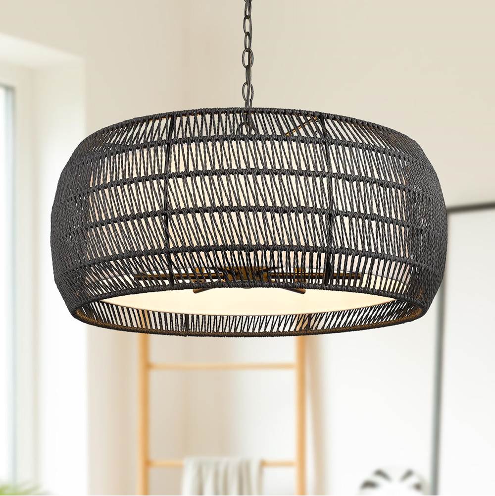 Golden Lighting 6805-6 BLK-MBR Matte Black Golden Lighting Everly 6-light Chandelier In Matte Black And Modern Black Rattan Shade Image 3