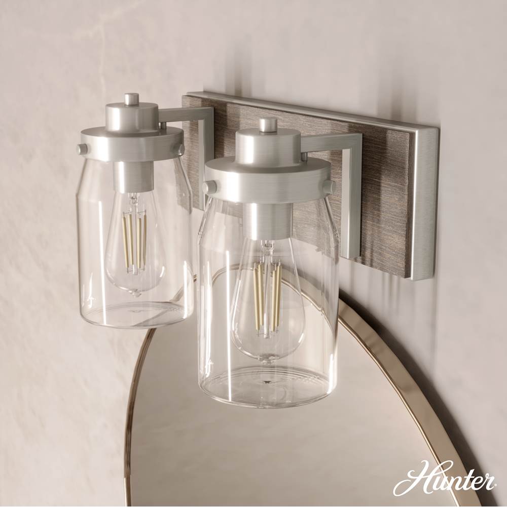 Hunter 48019 Brushed Nickel,Grey Wood Devon Park Brushed Nickel And Grey Wood With Clear Glass 2 Light Vanity Wall Light Fixture Image 4