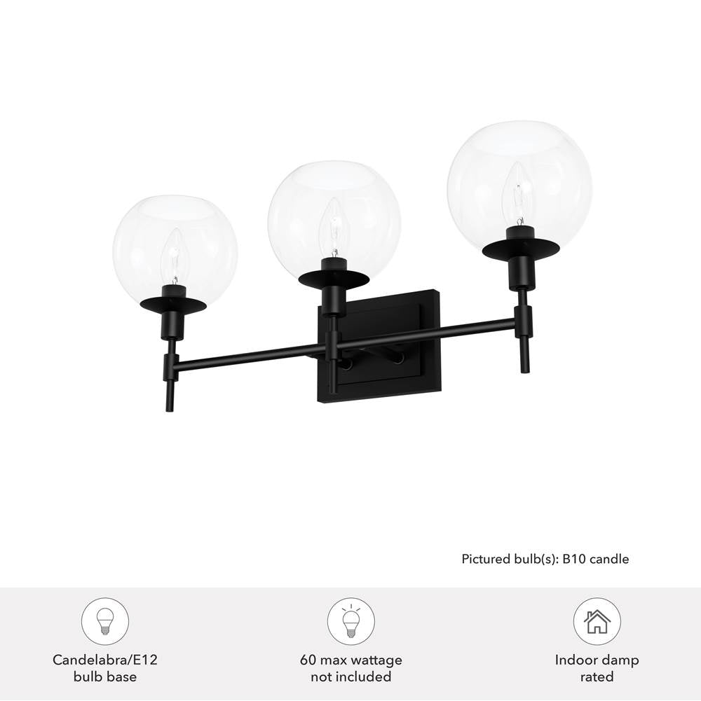 Hunter 19509 Matte Black Xidane Matte Black With Clear Glass 3 Light Bathroom Vanity Wall Light Fixture Image 2