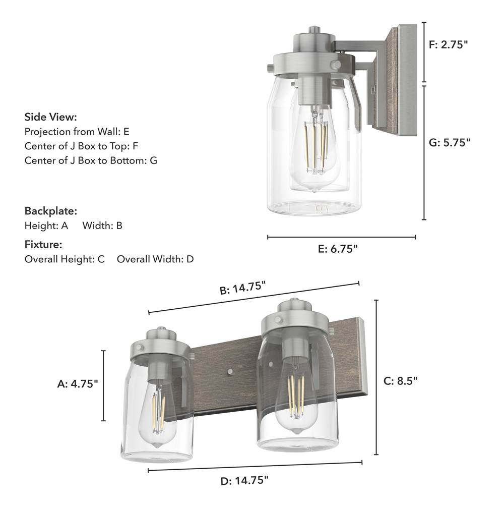 Hunter 48019 Brushed Nickel,Grey Wood Devon Park Brushed Nickel And Grey Wood With Clear Glass 2 Light Vanity Wall Light Fixture Image 3