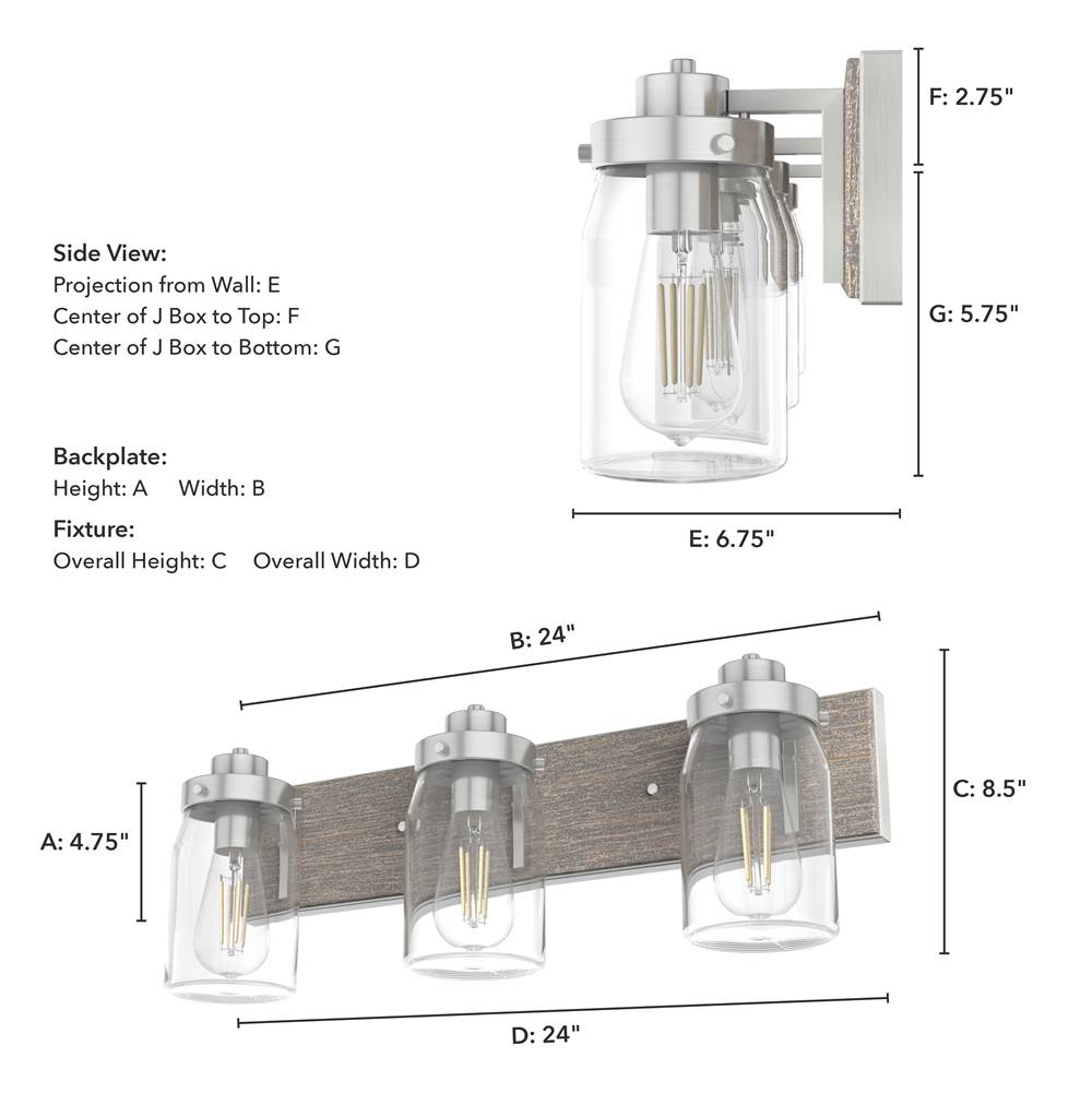 Hunter 48020 Brushed Nickel,Grey Wood Devon Park Brushed Nickel And Grey Wood With Clear Glass 3 Light Vanity Wall Light Fixture Image 3