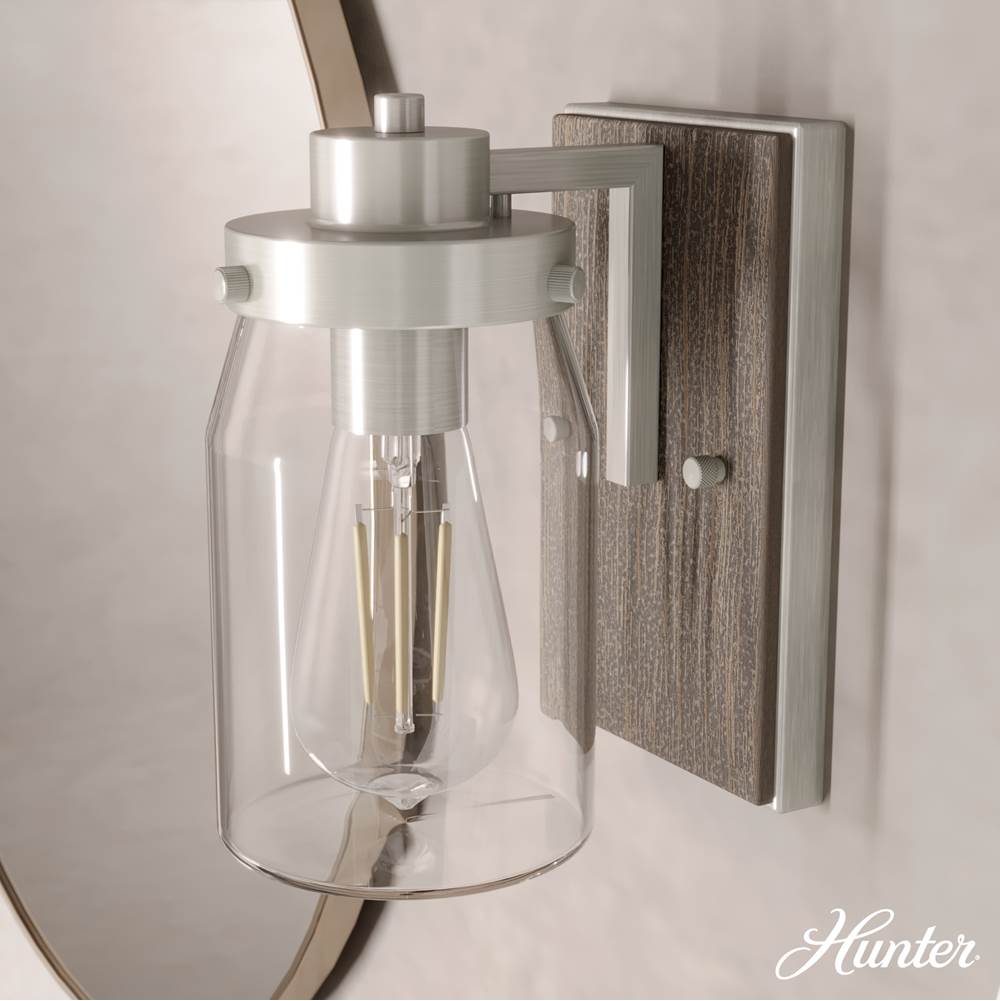 Hunter 48016 Brushed Nickel,Grey Wood Devon Park Brushed Nickel And Grey Wood With Clear Glass 1 Light Sconce Wall Light Fixture Image 4