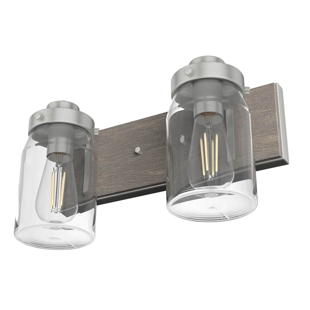 Hunter 48019 Brushed Nickel,Grey Wood Devon Park Brushed Nickel And Grey Wood With Clear Glass 2 Light Vanity Wall Light Fixture Image 7