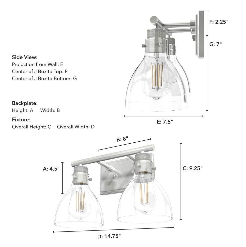 Hunter 48033 Brushed Nickel Van Nuys Brushed Nickel With Clear Glass 2 Light Vanity Wall Light Fixture Image 3