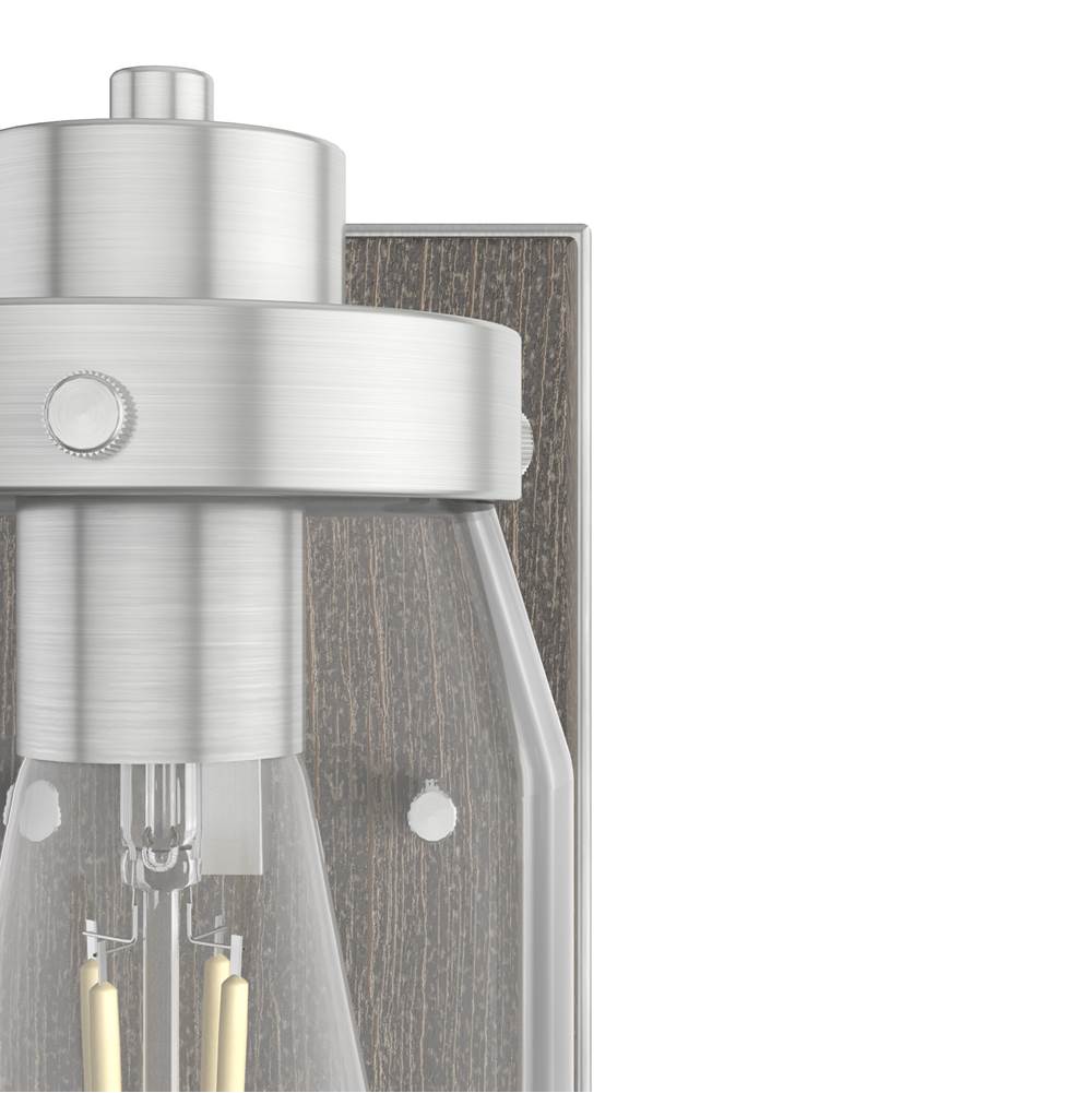 Hunter Devon Park Devon Park Brushed Nickel And Grey Wood With Clear Glass 1 Light Sconce Wall Light Fixture