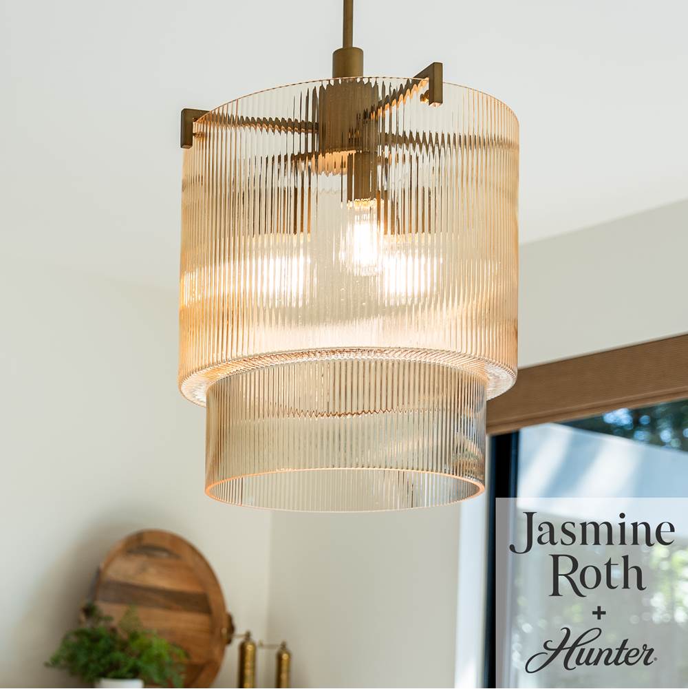 Hunter 13150 Luxe Gold Ontario Luxe Gold With Amber Glass 3 Light Pendant Ceiling Light Fixture Image 3