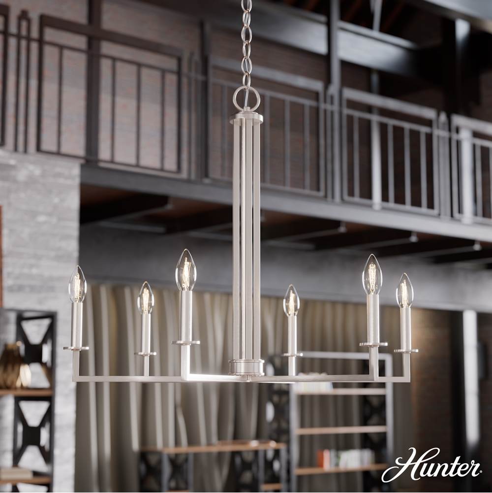 Hunter 19621 Brushed Nickel Hunter Bearden Brushed Nickel 6 Light Chandelier Ceiling Light Fixture Image 5